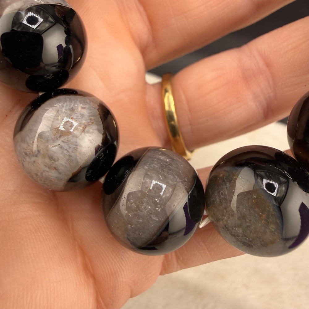 Polished Stone Beaded Bracelet Obsidian Stretch 7.5"